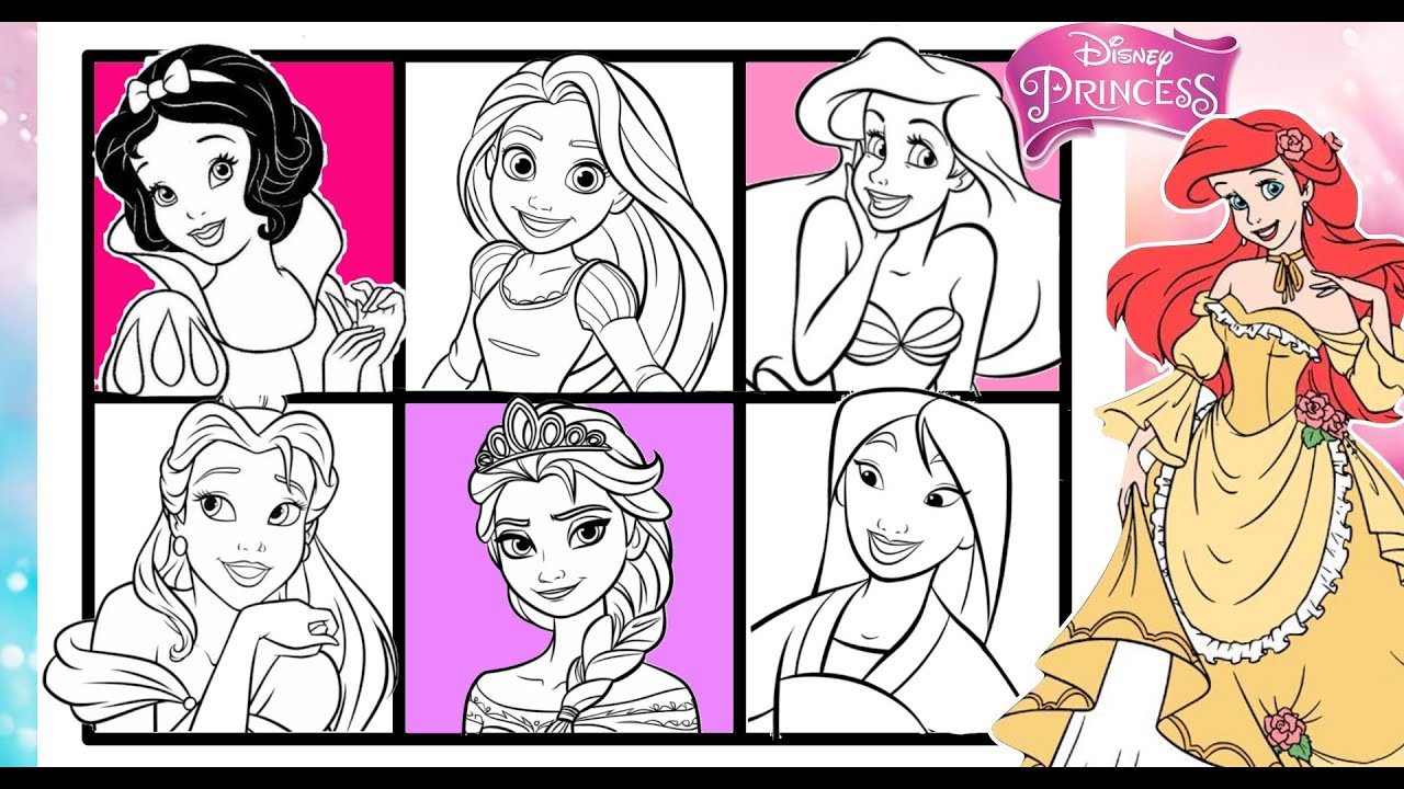 Disney PRINCESSES all together Faces Coloring ARIEL ELSA SNOW WHITE BELLE MULAN RAPUNZEL Imagine It