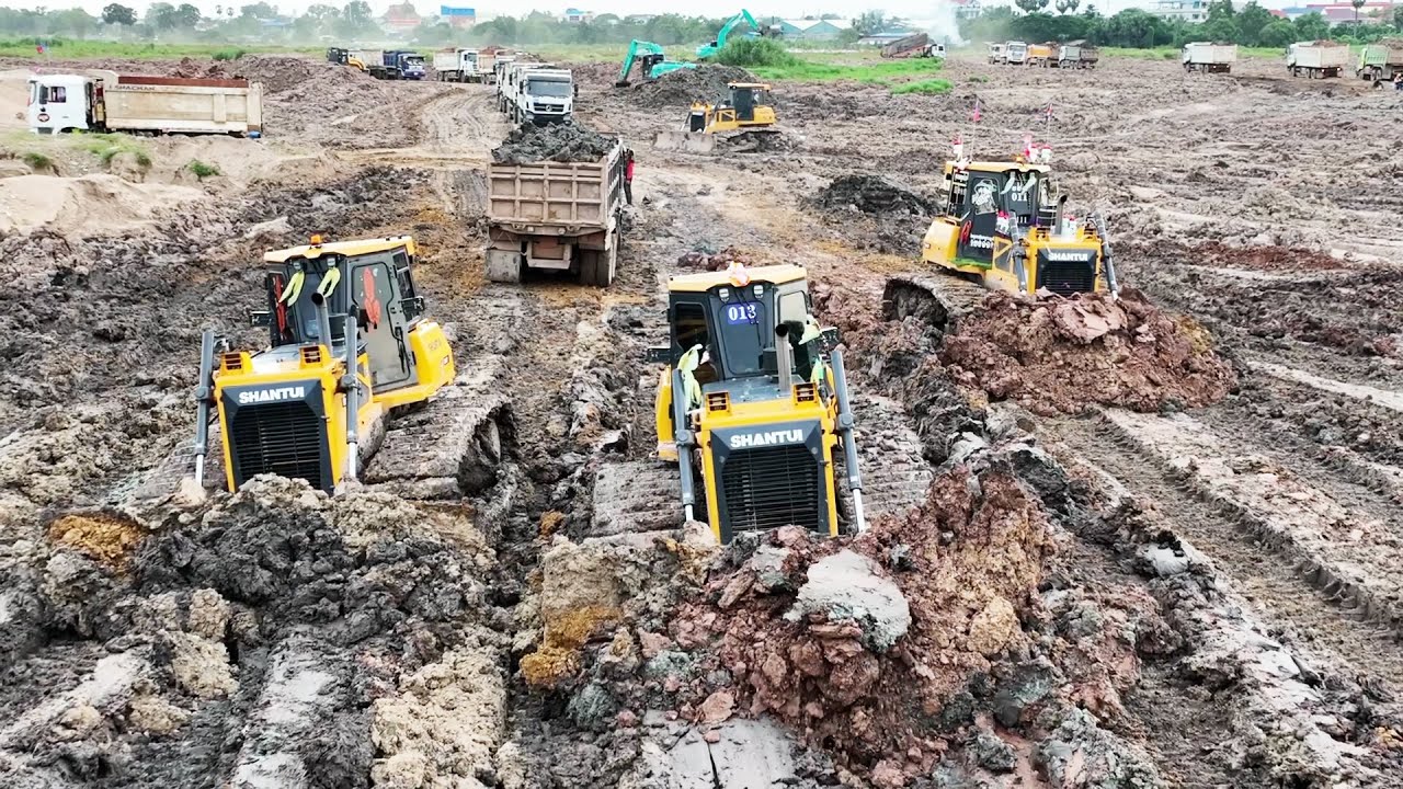 Epic Earthmoving:  Large Project Land Filling Up in Lake Long Bulldozer SHANTUI Moving Dirt Mud