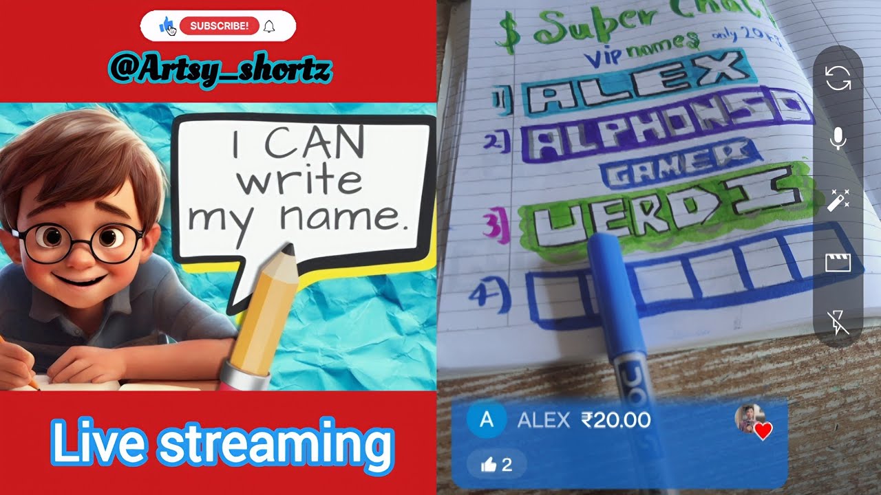 Artsy Shortz is writing your names with brush pens ❤️ comment your names 👇💖 ft. live