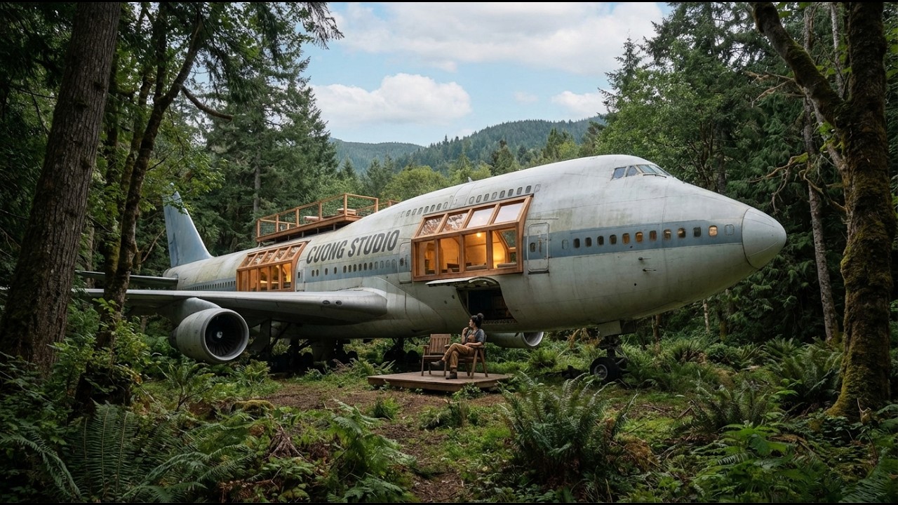 Building a Dream House Inside an Abandoned Boeing 747 Jumbo Jet in the Deep Forest Wilderness