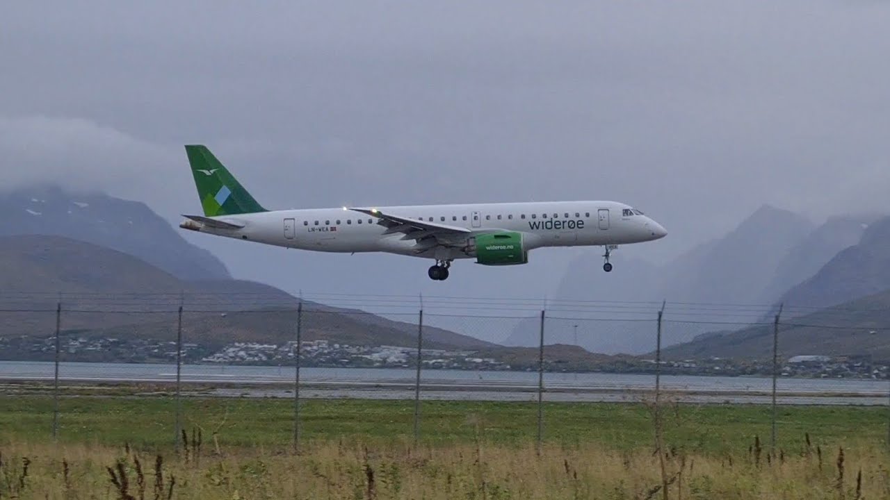 Wider&oslash;e Embraer E190-E2 Windy Landing at Troms&oslash; Langnes ENTC