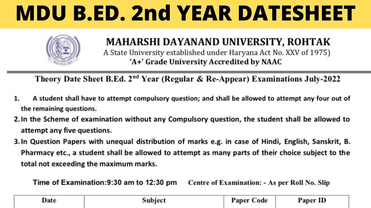 MDU B.ED. 2nd Year Exams Date-sheet 2022 Declared