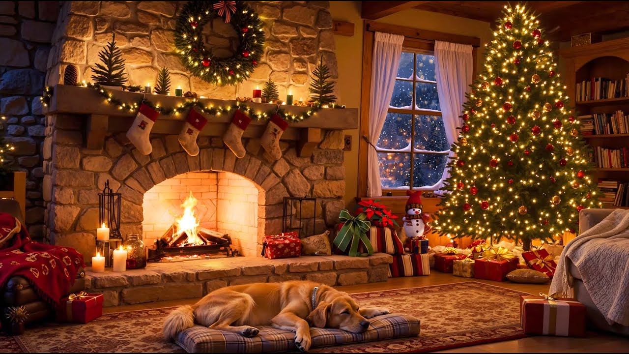 Cozy Christmas Fireplace Ambience 🎄🔥 | Warm Holiday Cabin, Crackling Fire & Snowy Night