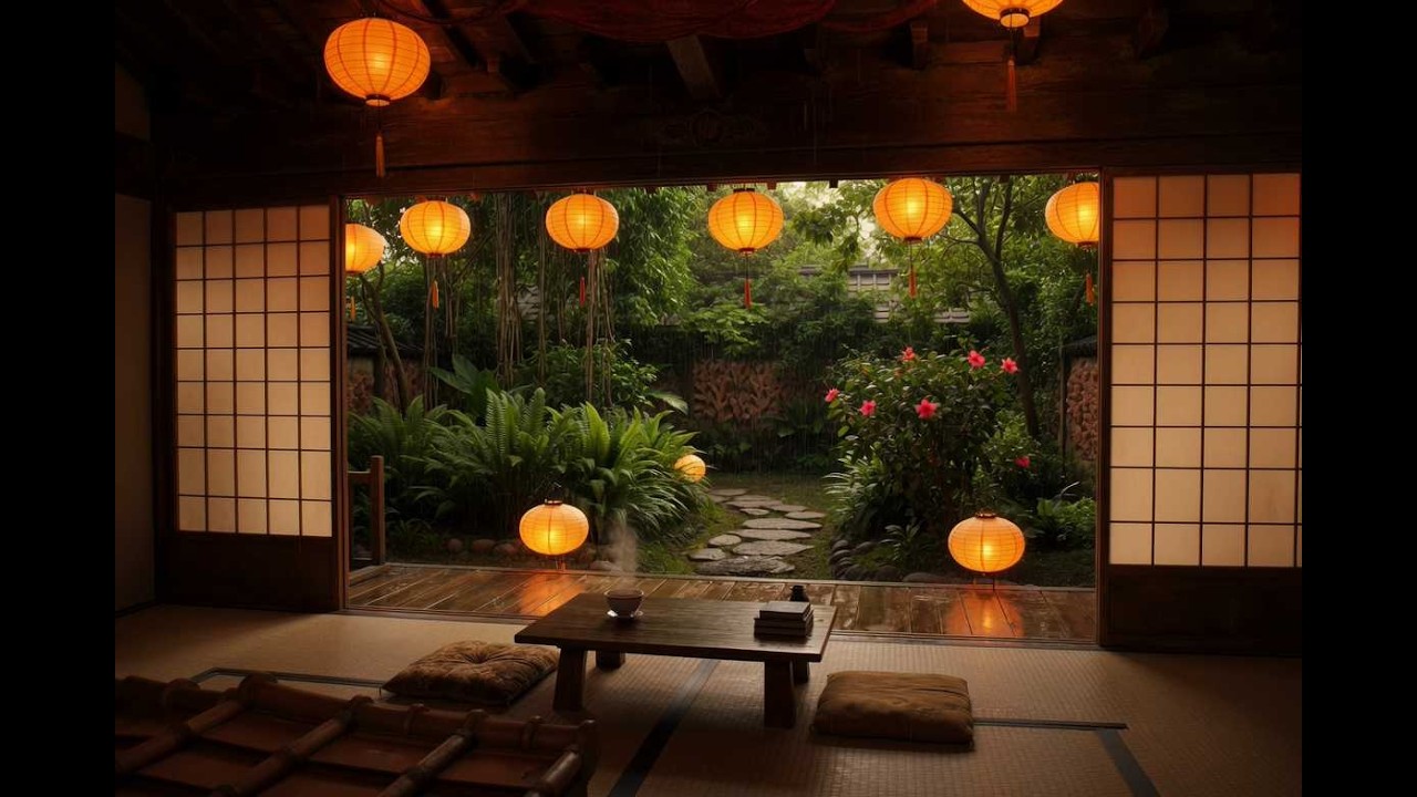 Rain Sounds in Okinawa 8 Hours — Traditional Japanese House with Paper Lanterns | No Music
