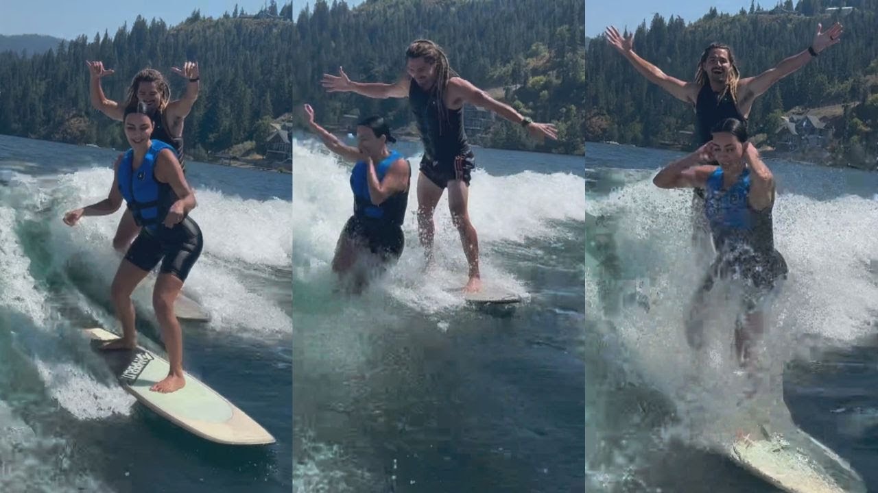 Austin Keen Helps Kim Kardashian Ride Surfboard While Connected To Speedboat