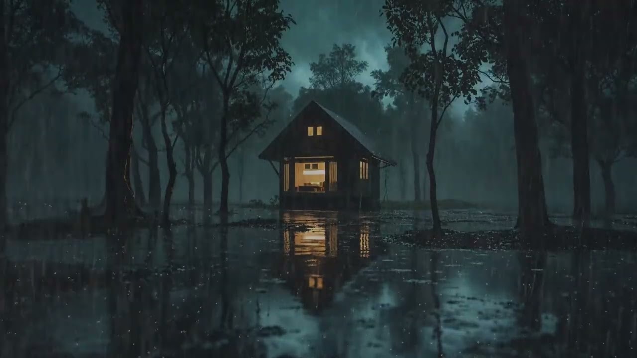 3 Hours Heavy Rain & Distant Thunder | Warm Cozy Cabin Ambience