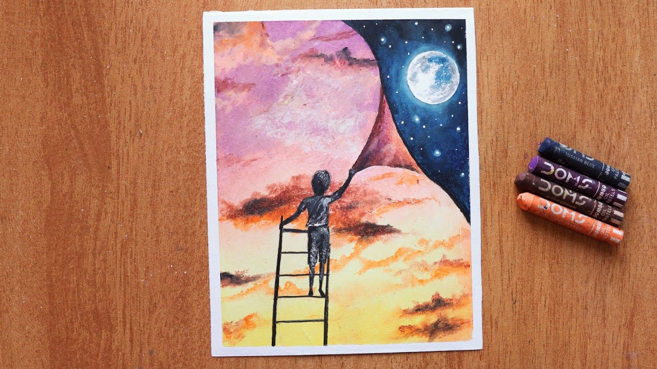 Spacemen Looking for the moon / Oil Pastels Drawing for Beginners / Step by Step oil pastel drawing