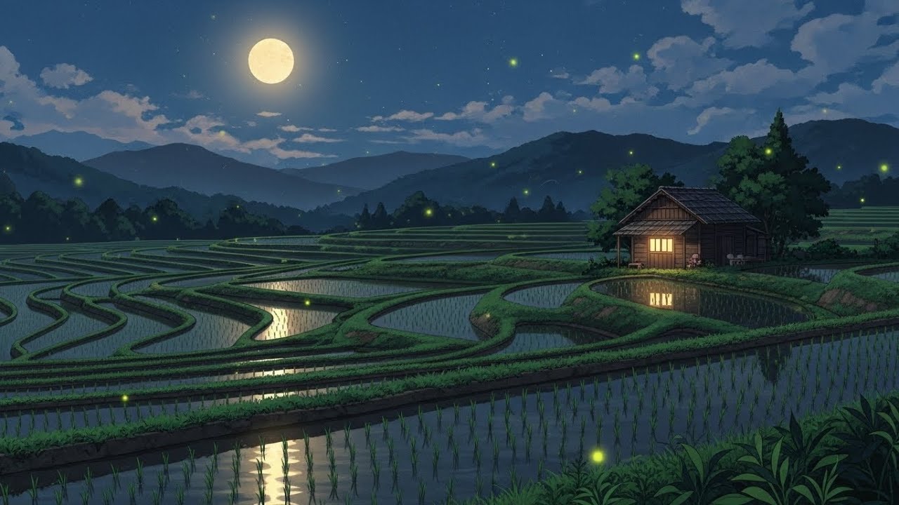Night-Warm Chill Lofi Rhythms Humming Gently Above Serene Rice Fields Glowing Faintly