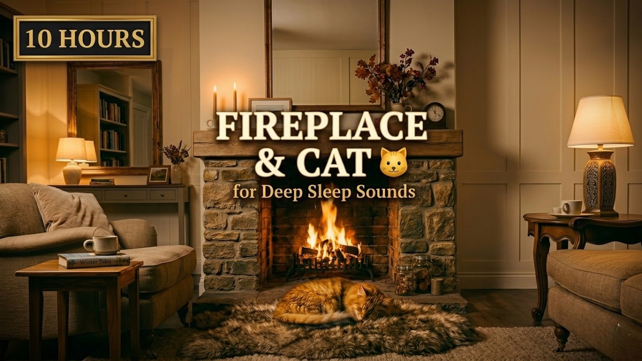 10 Hours Fireplace & Sleeping Cat 🐱 Crackling Fire Sounds for Deep Sleep