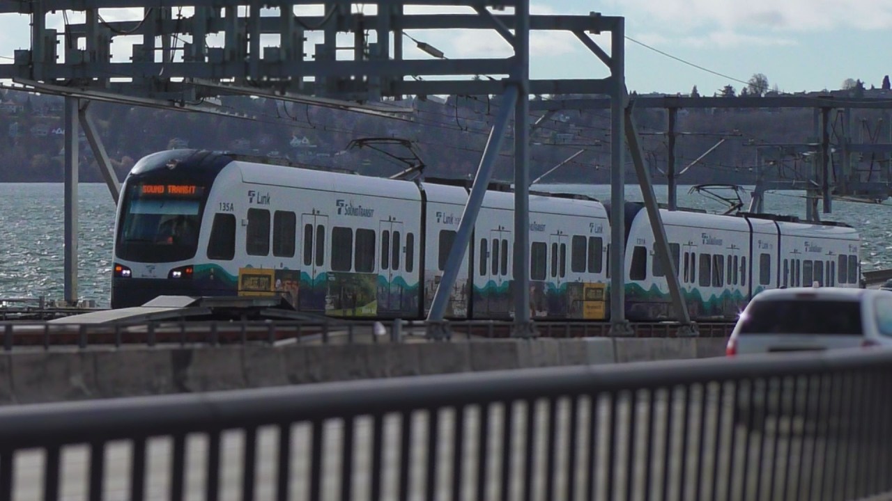 Link Light Rail 2 Line Trains on Lake Washington Floating Bridge!