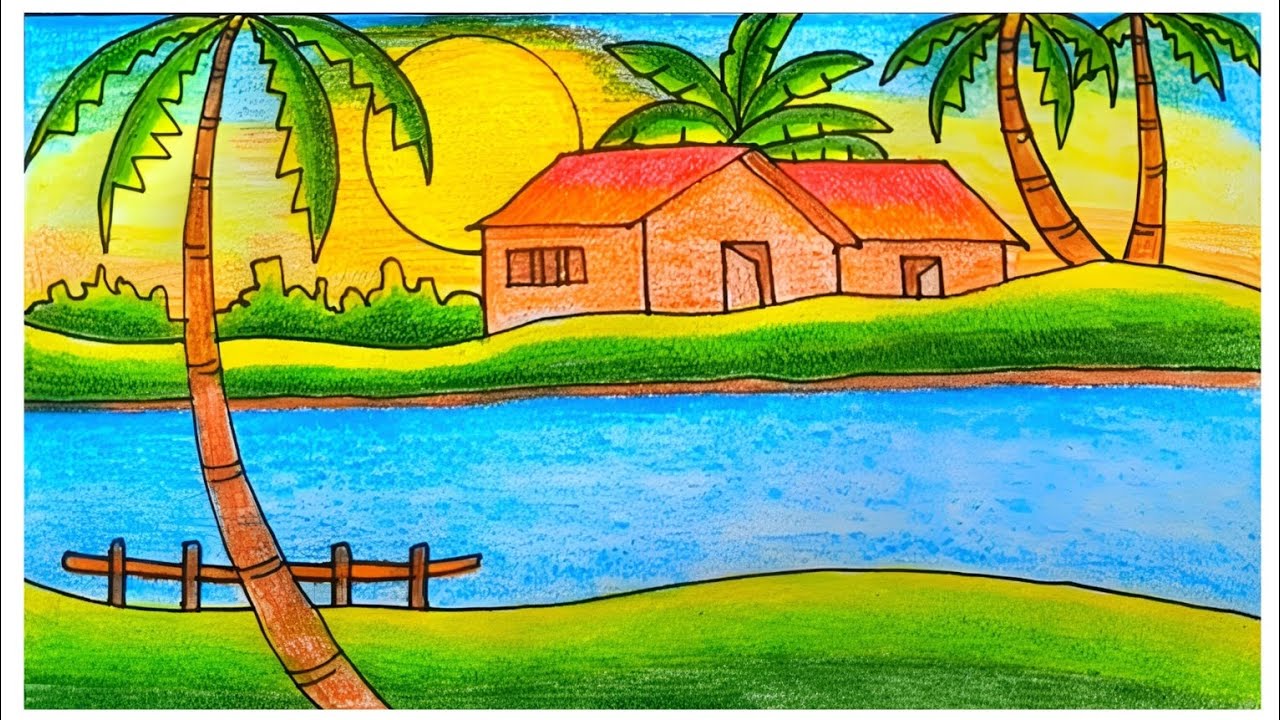 গ্রামের সূর্যোদয়ের দৃশ্য অংকন || Draw Village Sunrise Scenery. #art #landscape #sunrise 