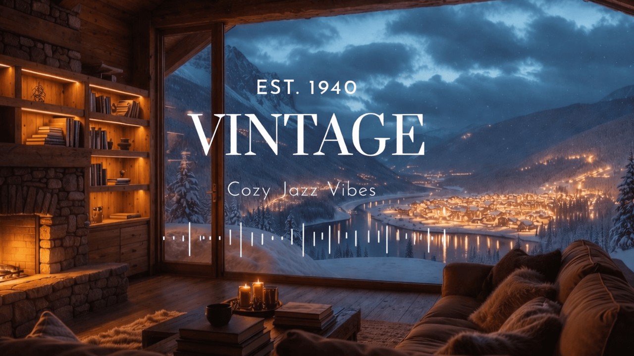 1940s Jazz Cozy Winter Ambience ❄️ Luxury Snow Cabin Fireplace & Alpine View