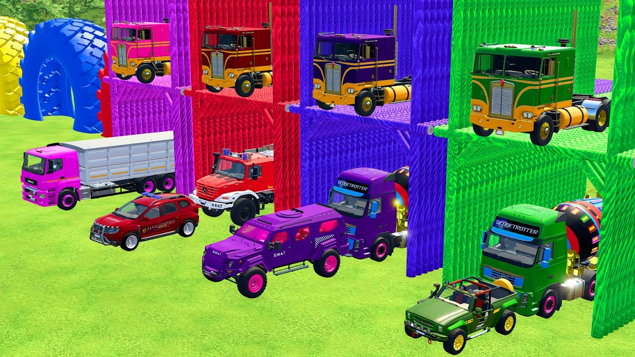 TRANSPORTING POLICE CARS, AMBULANCE, FIRE TRUCK, COLORFUL CARS WITH TRUCK -FARMING SIMULATOR 22!