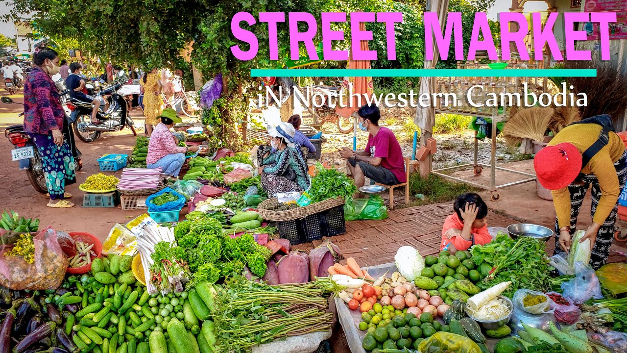 Tour Siem Reap 2021 | Khmer Along Street Market | rural Selling view in Northwestern Cambodia