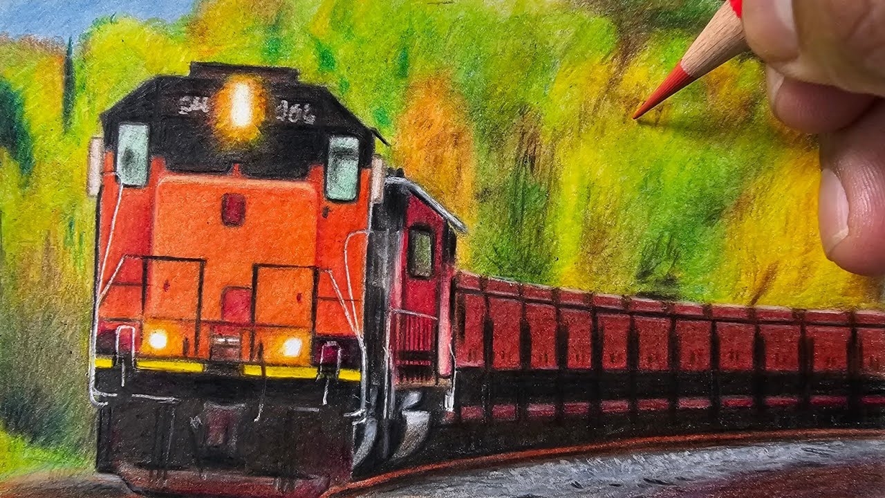 Como desenhar um Trem I Locomotiva com lápis de cor ( luz sombra perspectiva e detalhes )