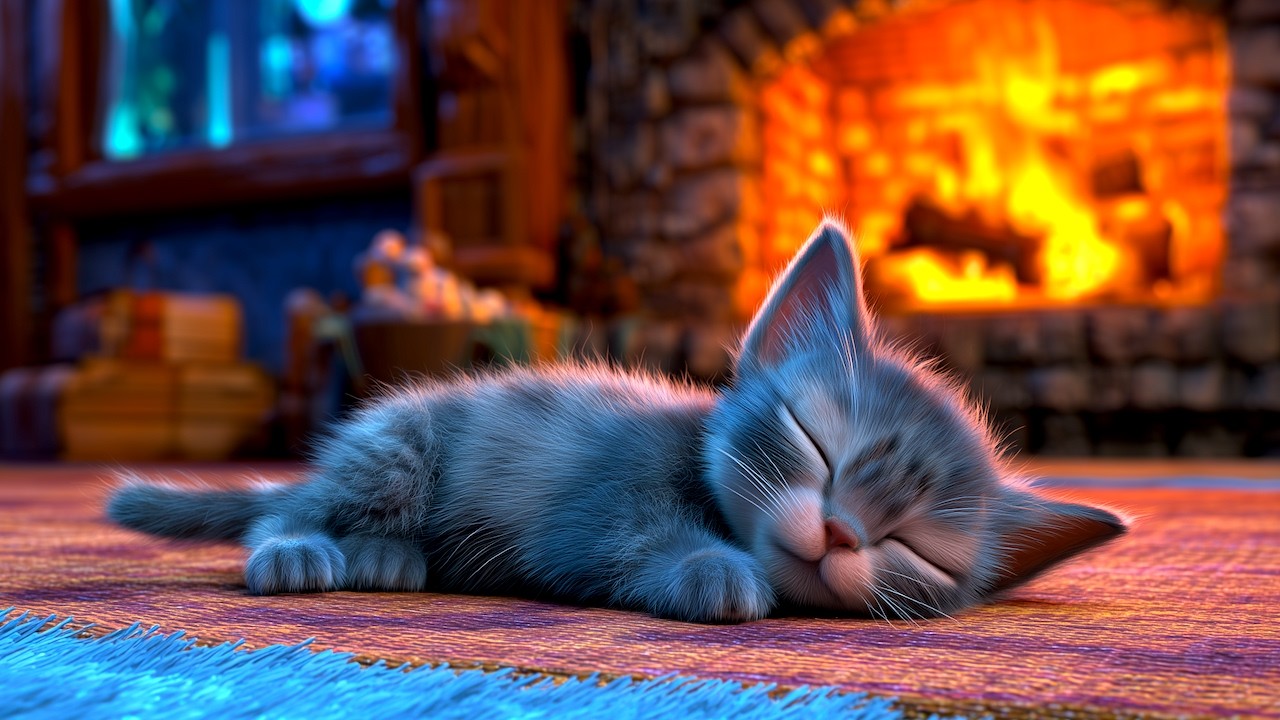 60 Minute Sleep Music for Babies & Kids | Cozy Kitten & Fireplace