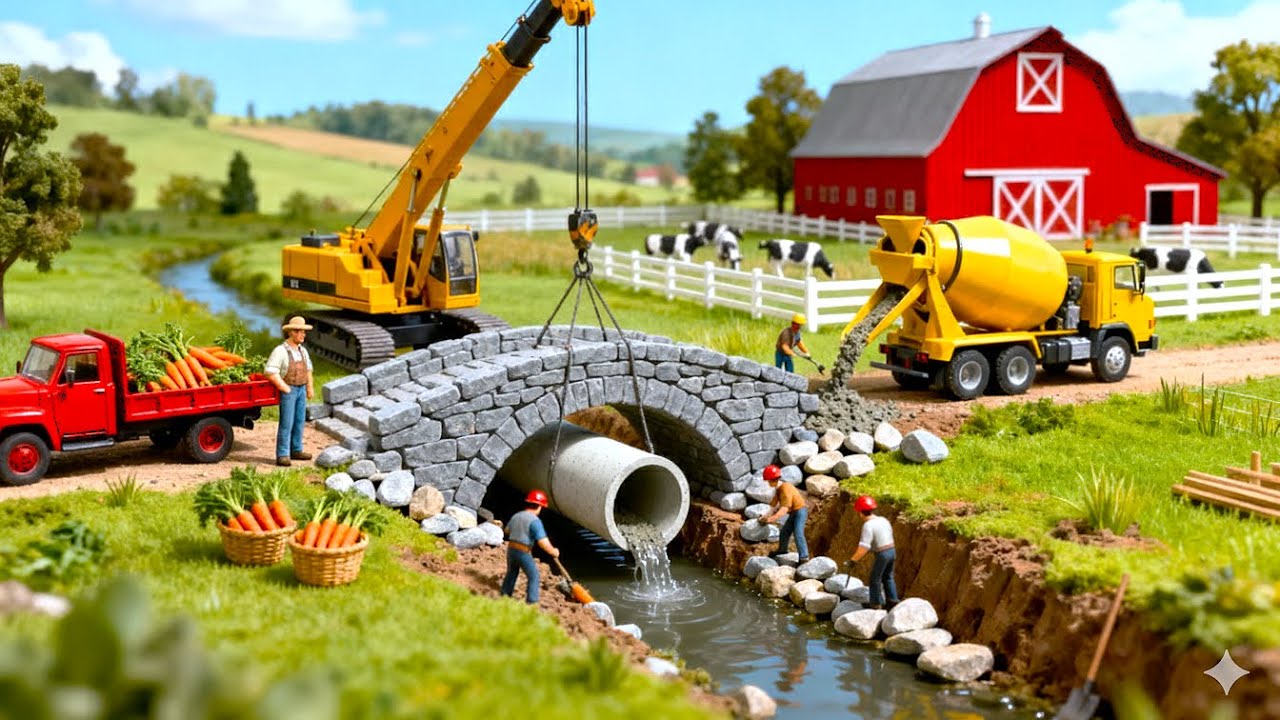 Rescue Miniature Farm Truck and Building a Drainage System and Farm Barn Bridge 🌉