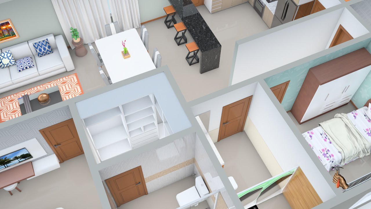 Planta de Casa 3D com três Quartos e Cozinha Americana