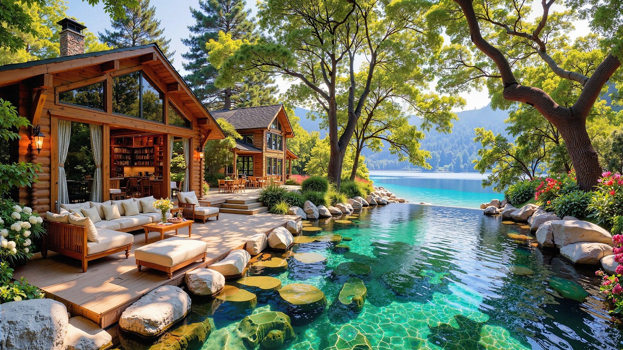 Morning Jazz Cabin Seaside | Sunny Wood Terrace With Positive Lake Jazz For A Relaxing Morning