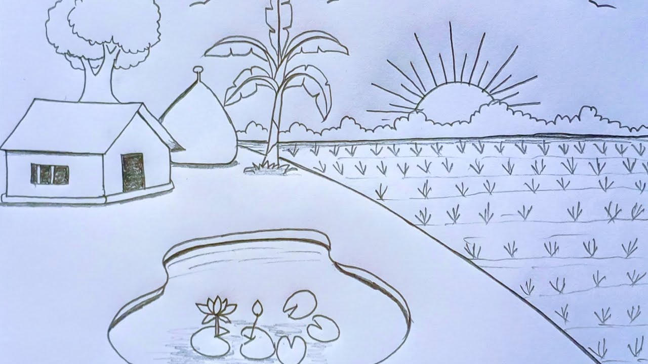 How to draw a village scenery with pencil ll easy landscape drawing 