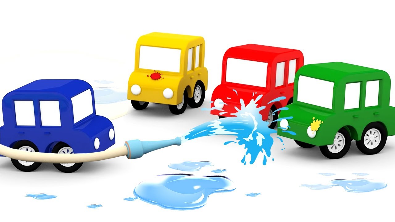 La voiture bleue a disparu. Dessin animé pour enfants. 4 voitures colorées