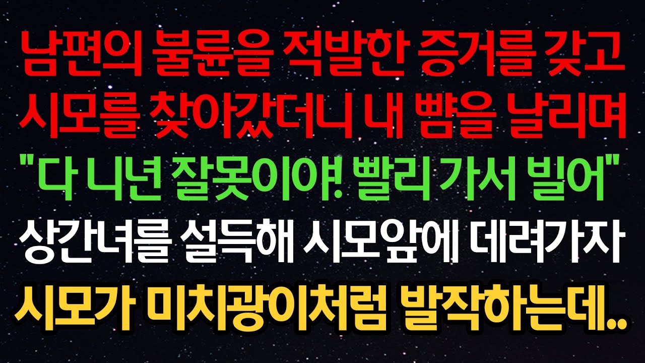 실화사연- 남편의 불륜을 적발한 증거를 갖고 시모를 찾아갔더니 내 뺨을 날리며 “다 니 잘못이야 빨리 가서 빌어“ 상간녀를 설득해 시모앞에 데려가자 시모가 미치광이처럼 발작하는데