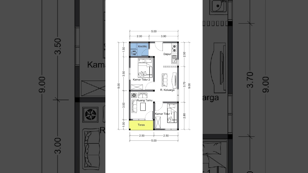 Inspirasi desain denah rumah ukuran 5x9 meter, 2 kamar tidur #rumah #rumahminimalis #denahrumah