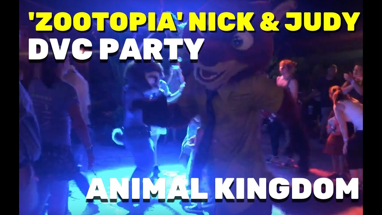 Zootopia characters Nick Wilde and Judy Hopps dancing at DVC party in Animal Kingdom