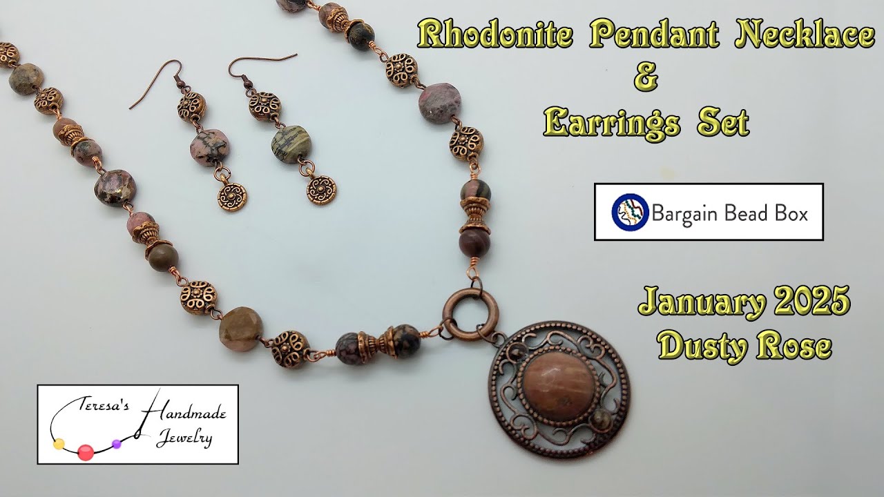 Rhodonite Pendant Necklace & Earrings Set | Bargain Bead Box | January 2025 | Dusty Rose Collection
