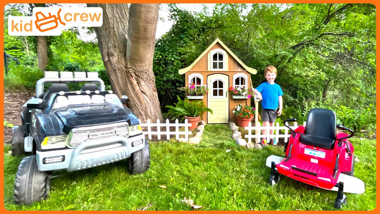 Moving house and landscaping with kids ride on truck and zero turn lawnmower. Educational | Kid Crew