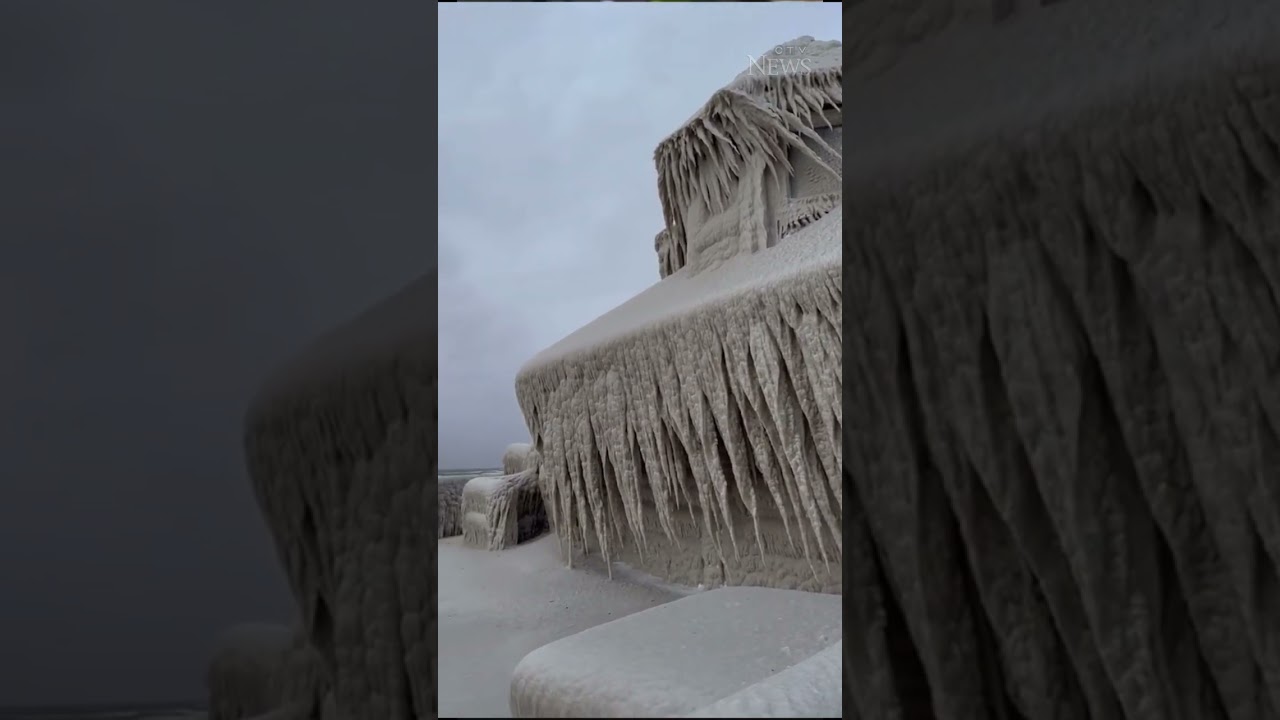 Thick ice covers building off Lake Erie