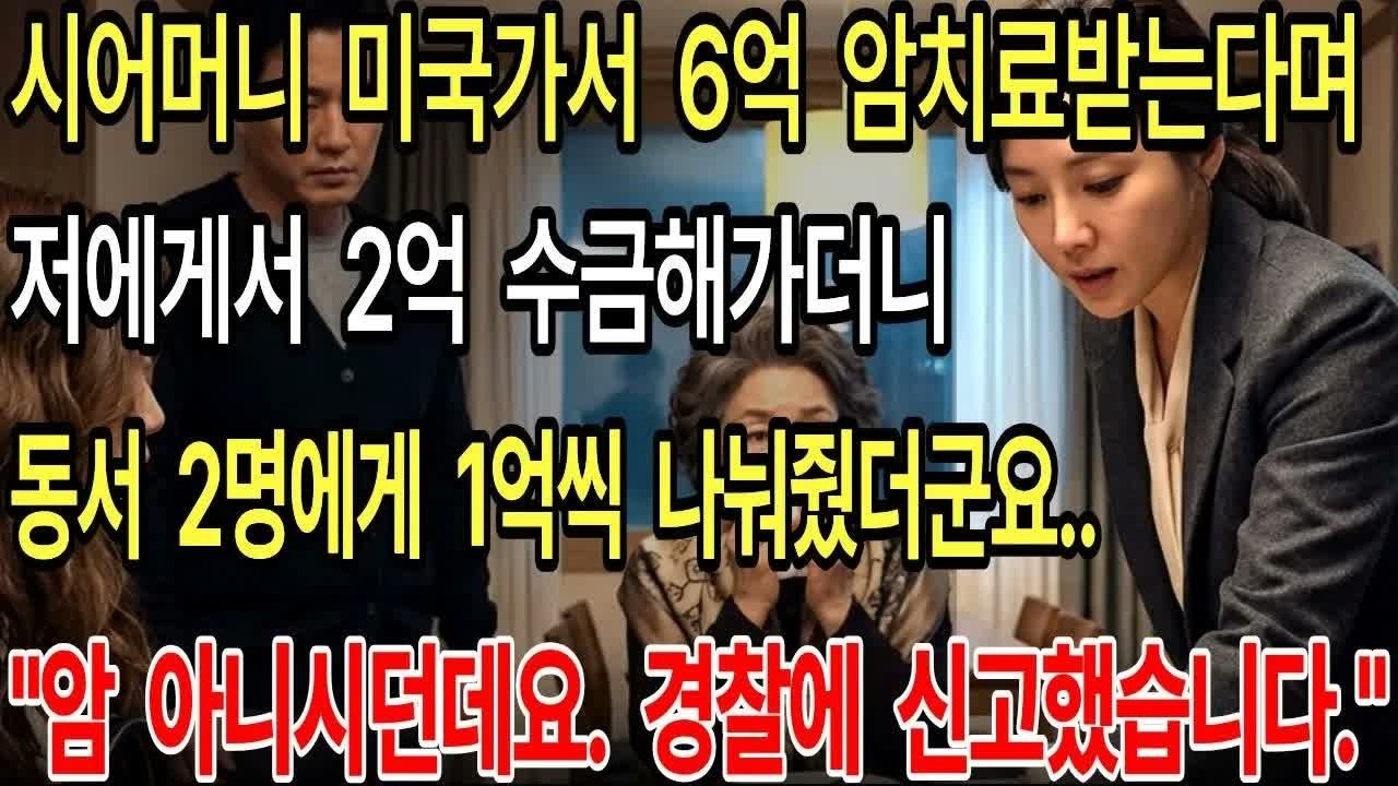 시어머니 미국가서 6억 암치료받는다며 2억 거둬가더니 동서 2명에게 1억씩 나눠줬더군요  ＂어머니 암 아니던데요  경찰에 신고했습니다 ＂