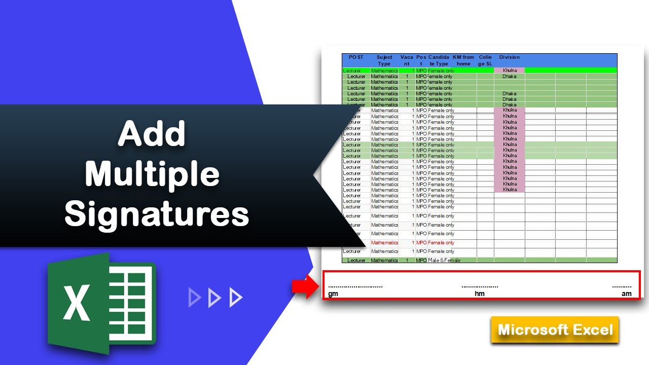 How to set multiple Signature options to every page in MS Excel