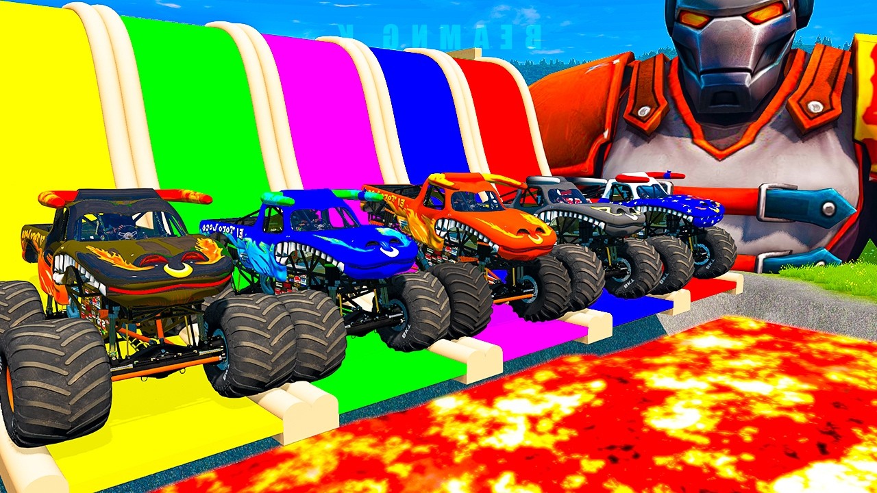 5 MONSTER TRUCKS  vs GIANT COLOR WATER SLIDE #046 - BeamNG.Drive