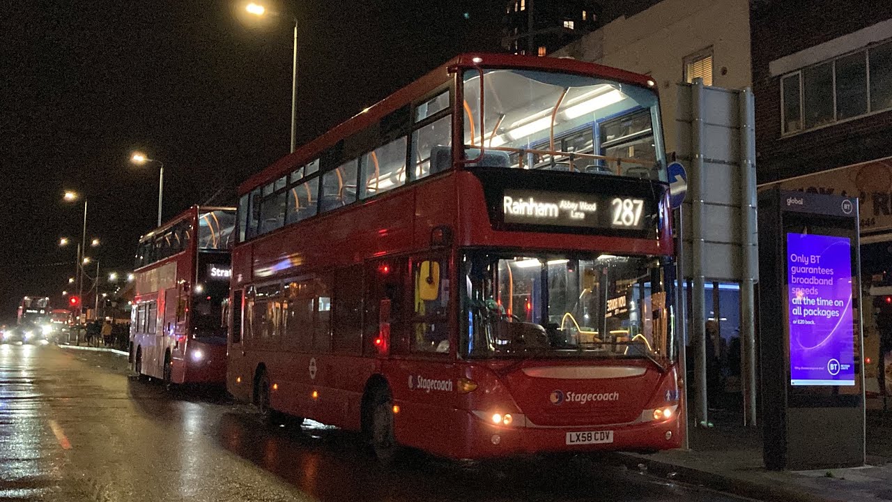 FRV. Stagecoach Route 287. Barking Stn - Rainham, Abbey Wood Lane. Scania Omnicity 15001 (LX58 CDV)