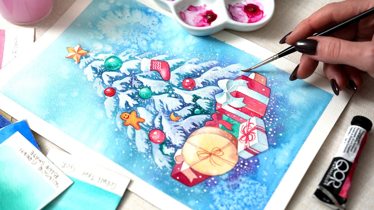 Волшебная рождественская ёлка 🎄 Простые акварельные техники для создания потрясающего праздничног...