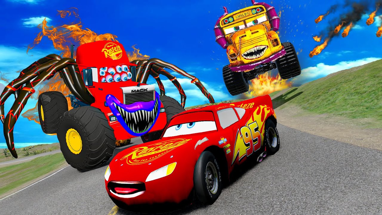 Angry Miss Fritter and Spider MACK TRUCK EATER vs Lightning Mcqueen Pixar Cars in BeamNG.Drive