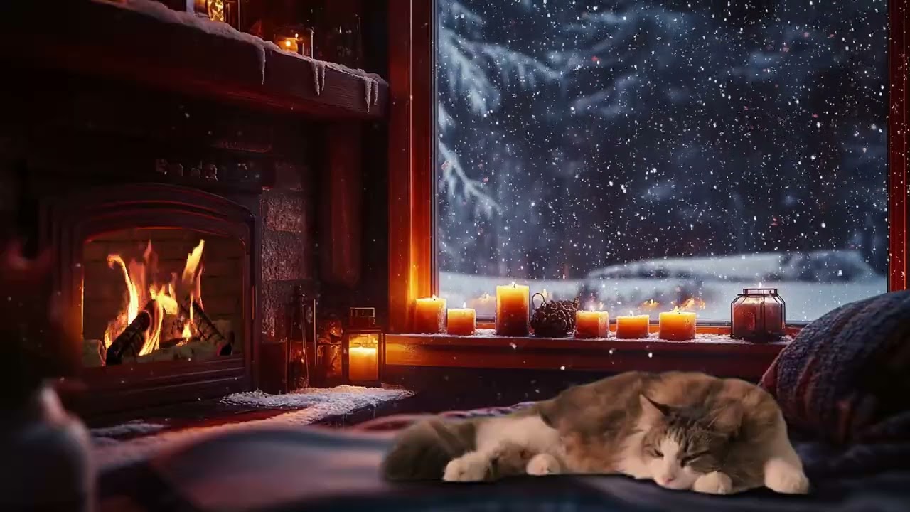 Cozy Winter Fireplace Night with Sleeping Cat and Snowfall Outside the Window