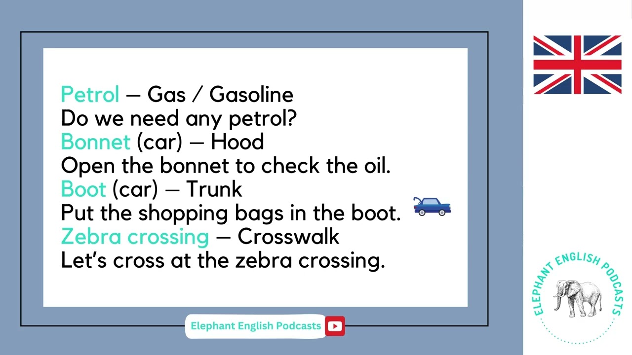 British vs American words in English with examples