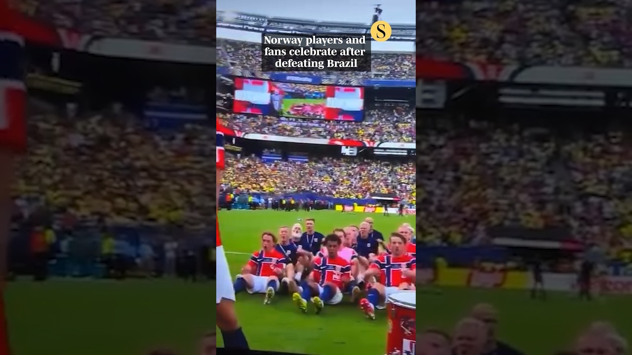 Norway players and fans celebrate after defeating Brazil