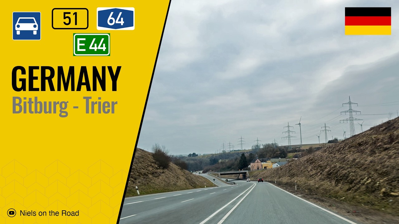Driving in Germany: Bundesstra&szlig;e B51, Autobahn A64 E44 & A602 from Bitburg to Trier