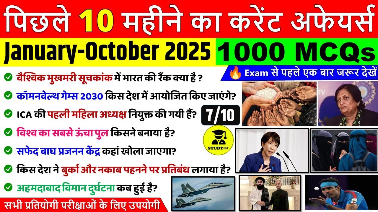 Last 10 Months Current Affairs 2025 January - October 2025 | Monthly Current Affairs 2025 | SSC 2025
