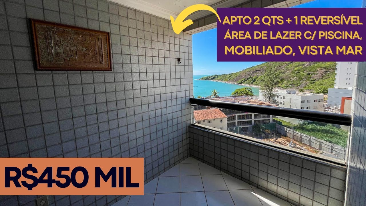 Oportunidade! Apto 02 quartos + 01 reversível, Elevador, Portaria, Piscina, vista mar por R$450 mil