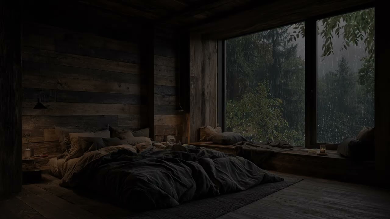 Soft Nocturnal Rain Seen Through Bedroom Glass Facing The Whispering Forest