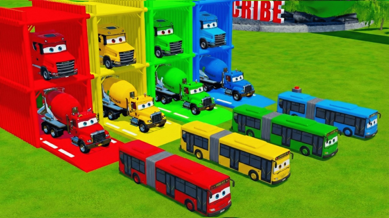 Garage with Colors - ALL MIXER TRUCK WITH DOUBLE FLATBED TRAILER TRUCK, VOLVO, RENAULT, SCANIA