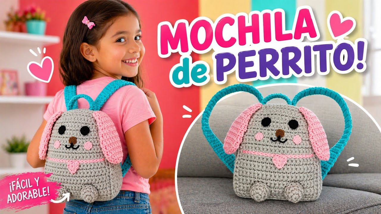 Mochila de Perrito tejida a crochet para niñas.