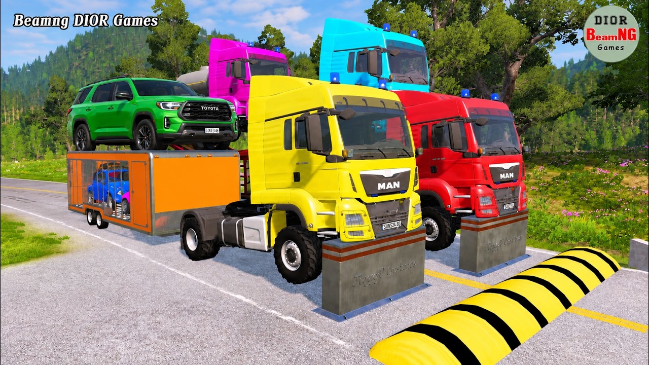 Double Flatbed Trailer Truck vs speed bumps|Busses vs speed bumps|Beamng Drive|1506