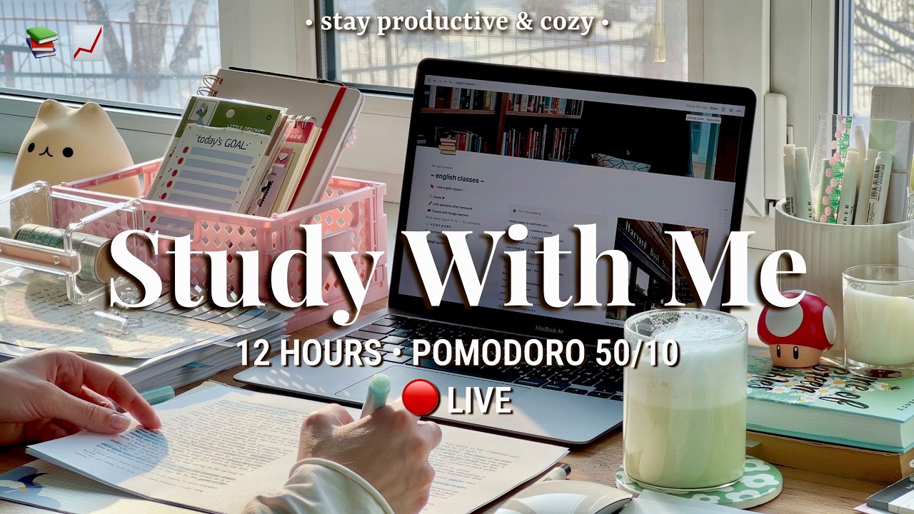 Challenge | 12 HR STUDY WITH ME &bull; Pomodoro 50/10 | Relaxing Fireplace Sound