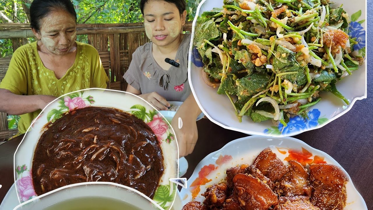 နားမူလက်ရာ ဝက်သားဟင်း,ပုန်းရည်ကြီးသုပ်,မြင်းခွာရွက်သုပ် အမိုးနဲ့အတူ ထမင်းမြိန်မယ်😋🥰
