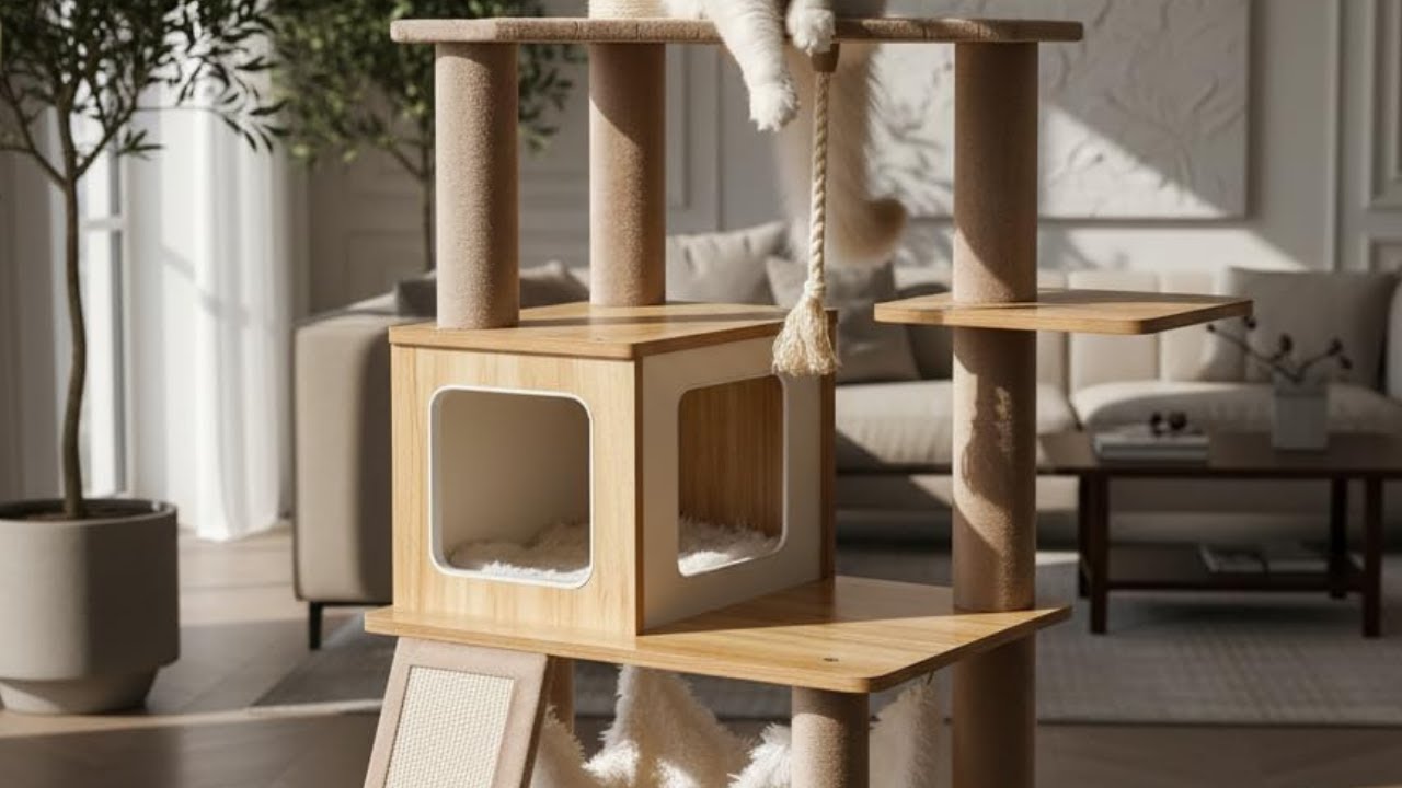 61 Inches of Fun! 🎡 Modern Solid Wood Cat Tower Review
